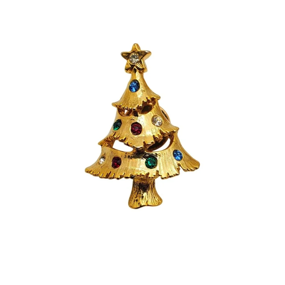 Vintage Christmas Tree Brooch Lapel Stick Pin Eisenberg Avon Holiday Rhinestone